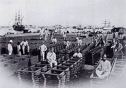 Members of the Ferrovieri Engineer Regiment during the construction of the rails to connect Massawa to Saati in Italian Eritrea, 1886.