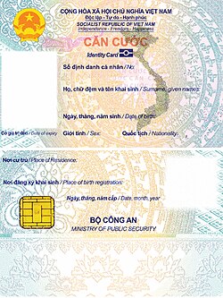 Obverse and reverse sides of an older version of the Vietnamese biometric national identity card