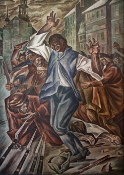 Crispus Attucks, a (c. 1943) portrait by Herschel Levit depicts Attucks, who is considered to be the first American to die for the cause of independence in the Revolution.