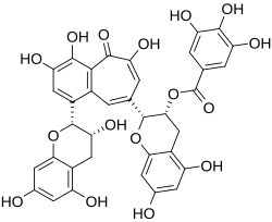 Theaflavin-3-gallate, a plant-derived polyphenol, an ester of gallic acid and a theaflavin core. There are nine phenolic hydroxyl groups and two phenolic ether linkages.
