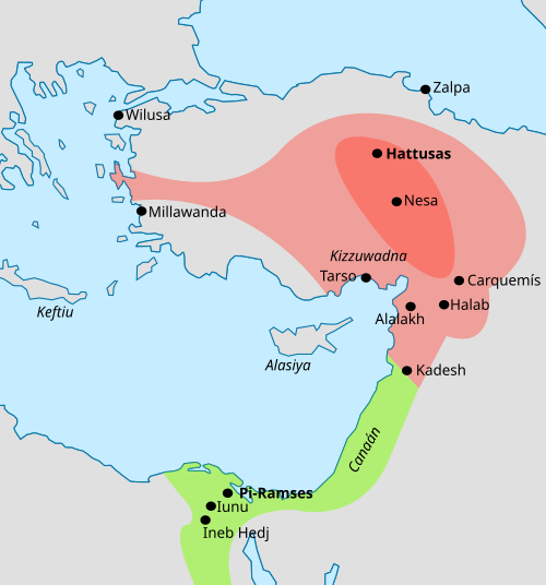 The Egyptian Empire under Ramesses II (green) bordering on the Hittite Empire (red) at the height of its power in c. 1279 BC.