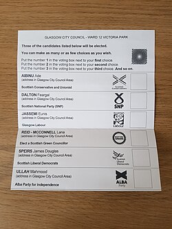 Ballot paper used for the 2022 elections in the Victoria Park ward of the Glasgow City Council