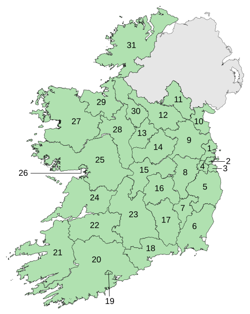 FingalDublin CityDún Laoghaire–RathdownSouth DublinWicklowWexfordCarlowKildareMeathLouthMonaghanCavanLongfordWestmeathOffalyLaoisKilkennyWaterfordCork CityCorkKerryLimerickTipperaryClareGalwayGalway CityMayoRoscommonSligoLeitrimDonegal
