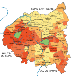 The median income in Paris and its nearest departments, 2018. High income in red, low income in yellow.