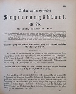 Final issue of the Grand Duchy of Hesse's gazette, 8 November 1918, one day before the fall of the grand duchy.