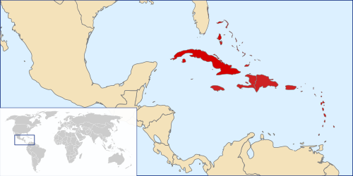 The West Indies (red), which includes the Antilles and the Lucayan Archipelago.
