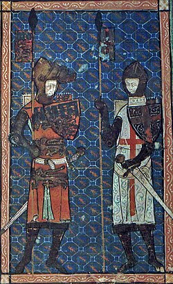 Saint George with an earl of Lancaster (probably Edmund Crouchback), from an English Book of Hours, c. 1330.