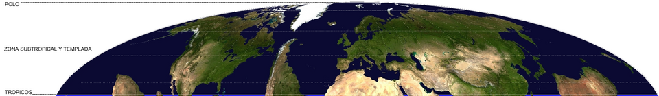 A map showing territories in the Southern and Northern Hemispheres (excluding Antarctica and tropical zones) positioned within the same hemisphere, allowing for a comparison of latitudes. For example, it can be seen that the Ireland Island and the Tierra del Fuego Island lie at the same latitude in their respective hemispheres, as do the cities of Belfast and Ushuaia.