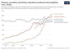 Enrollment rates for primary, secondary and tertiary education in Turkey between 1971 and 2022. Completion rates for primary and lower secondary education.[431]