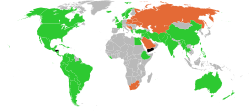Voting in the plenary session: Green countries: voted in favour; Orange countries: abstained; Black countries: failed to abstain or vote; Grey countries: were not a part of the UN at time of voting