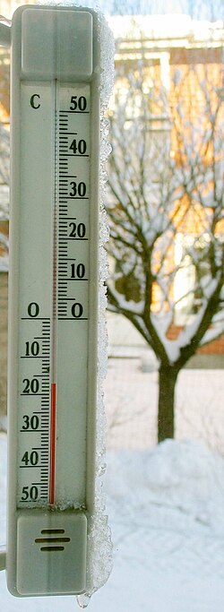 A typical Celsius thermometer measures a winter day temperature of −17 °C.
