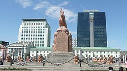 Mongolian script and Mongolian Cyrillic on Sükhbaatar's statue in Ulaanbaatar