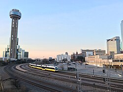 DART rail passing Reunion Tower in Downtown Dallas