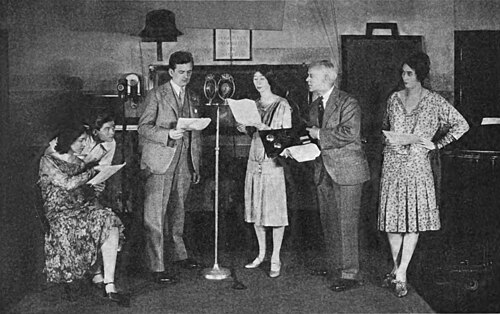 A live radio play being broadcast at NBC studios in New York. Most 1920s through 1940s network programs were broadcast live.