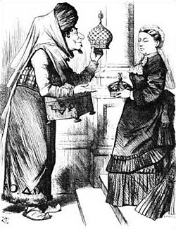 New Crowns for Old: Disraeli and Victoria in a cartoon mimicking a scene in Aladdin where lamps are exchanged. She made him Earl of Beaconsfield at this time.[4]