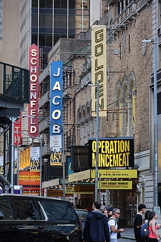 From right to left: the John Golden Theatre, Bernard B. Jacobs Theatre, Gerald Schoenfeld Theatre, and Booth Theatre on West 45th Street in Manhattan's Theater District