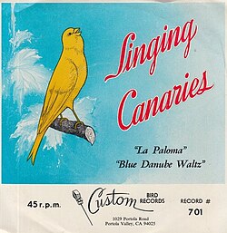A 1953 single record of domestic canaries singing with classical tunes La Paloma and Blue Danube Waltz
