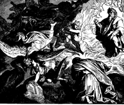 After challenging Queen Jezebel, Elijah takes refuge in a cave until the voice of God calls him in this 1860 woodcut by Julius Schnorr von Karolsfeld.