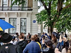 Crowds of spectators outside the unveiling of the Adelaide Hall Blue Plaque in Collingham Road, Kensington and Chelsea, London, July 9, 2024.