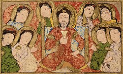 Royal court detail, ruler in Turkic dress, wearing the sharbush hat. 1198–1199, probably Mosul. Kitâb al-Diryâq.[77][78]