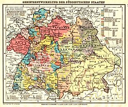 Map of the south German states and province of Hohenzollern. At the turn of the 19th century, this group of territories was transformed into three larger powers: Baden, Württemberg and Bavaria. (The territories which became the Grand Duchy of Hesse are also shown.)