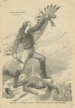 Illustration of the "first scalp for Custer" found in promotional material for Buffalo Bill's Wild West