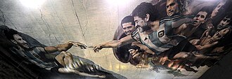The Sistine Chapel of Football painting (Messi to the left, Maradona to the right), on the ceiling of a sports club, Sportivo Pereyra, in Barracas, Buenos Aires