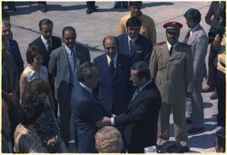 Assad greeting Richard Nixon on the latter's arrival at Damascus Airport, 15 July 1974