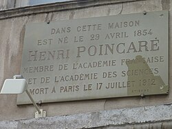 Plaque on the birthplace of Henri Poincaré at house number 117 on the Grande Rue in the city of Nancy