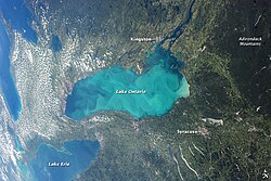 An aerial view of a whiting event precipitation cloud in Lake Ontario.
