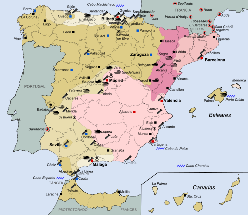 General map of the Spanish Civil War (1936–39). Key Initial Nationalist zone – July 1936 Nationalist advance until September 1936 Nationalist advance until October 1937 Nationalist advance until November 1938 Nationalist advance until February 1939 Last area under Republican control Main Nationalist centres Main Republican centres Land battles Naval battles Bombed cities Massacres Concentration camps Refugee camps
