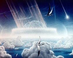 Artistic impression of the asteroid slamming into tropical, shallow seas of the sulfur-rich Yucatán Peninsula in what is today Southeast Mexico.[218] The aftermath of this immense asteroid collision, which occurred approximately 66 million years ago, is believed to have caused the mass extinction of non-avian dinosaurs and many other species on Earth.[218] The impact spewed hundreds of billions of tons of sulfur into the atmosphere, producing a worldwide blackout, and freezing temperatures which persisted for at least a decade.[218]