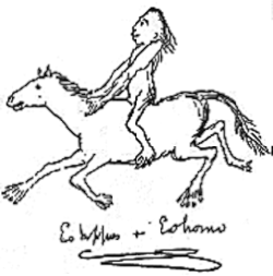 Huxley's sketch of then hypothetical five-toed Eohippus being ridden by "Eohomo"