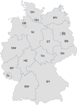 Germany (DE) with each first-level administrative subdivision labelled with the second part of its ISO 3166-2 code