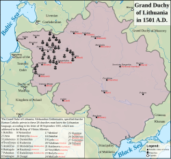 The Grand Duke of Lithuania, Alexander Jagiellon, specified that the Roman Catholic priests in these 28 churches must know the Lithuanian language, according to his letter of 18 September 1501, which was addressed to the Bishop of Vilnius Albertas.[41][42]