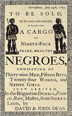 Reproduction of a handbill advertising a slave auction in Charleston, South Carolina, in 1769