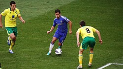 Hazard taking on the Norwich City defence while playing for Chelsea in 2012