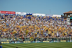 Parma F.C. fans at the Stadio Ennio Tardini, one of the oldest stadiums in Italy