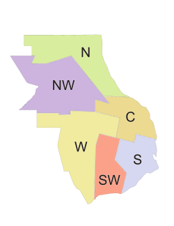 Diagram of the Municipal Districts of Rosario: Centre District, North District, Northwest District, West District, Southwest District and South District