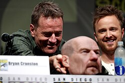 Bryan Cranston & Aaron Paul at the 2013 Comic-Con International, with Cranston holding his realistic Walter White mask.