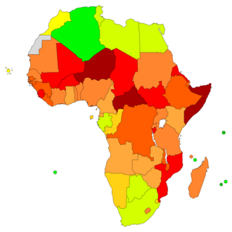 Map of Africa indicating Human Development Index (2018). 0.800–0.849 0.750–0.799 0.700–0.749 0.650–0.699 0.600–0.649 0.550–0.599 0.500–0.549 0.450–0.499 0.400–0.449 ≤ 0.399 No data