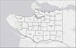 Map of the 22 official neighbourhoods of Vancouver