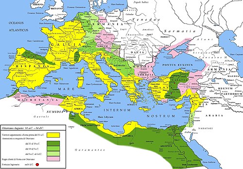 Extent of the Roman Empire under Augustus. The yellow legend represents the extent of the Republic in 31 BC, the shades of green represent gradually conquered territories under the reign of Augustus, and pink areas on the map represent client states; areas under Roman control shown here were subject to change even during Augustus' reign, especially in Germania.