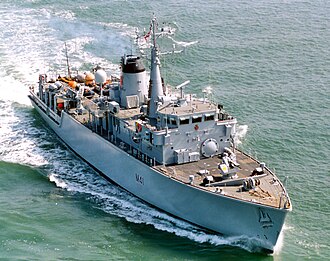The Hunt-class mine countermeasures vessel HMS Quorn leaving port