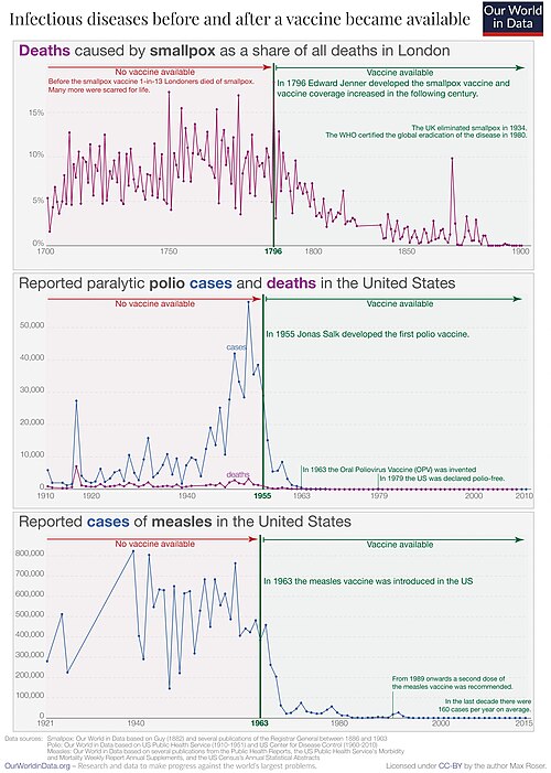 Infectious diseases before and after a vaccine was introduced. Vaccinations have a direct effect on the diminishment of the number of cases and contributes indirectly to a diminishment of the number of deaths.