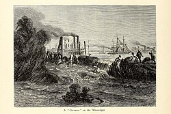 Laborers fighting a "crevasse" in a riverfront levee that will flood the adjacent agricultural land if not repaired (Picturesque America, 1872)