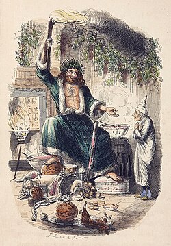 Ebenezer Scrooge and the Ghost of Christmas Present, from Charles Dickens's A Christmas Carol, 1843