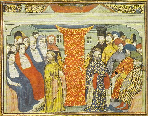 Henry of Bolingbroke, flanked by the lords spiritual and temporal, claims the throne in 1399. From a contemporary manuscript, British Library, Harleian Collection