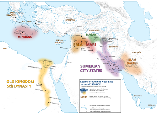 Ebla on the map of Ancient Orient around 2400 BCE. Conflict between Ebla and Mari.