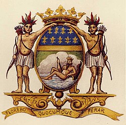 Coat of arms of the Indies Company, with the reclining figure representing the Mississippi River taken from Law's Compagnie d'Occident, and the motto Florebo quocumque ferar taken from Louis XIV's East India Company